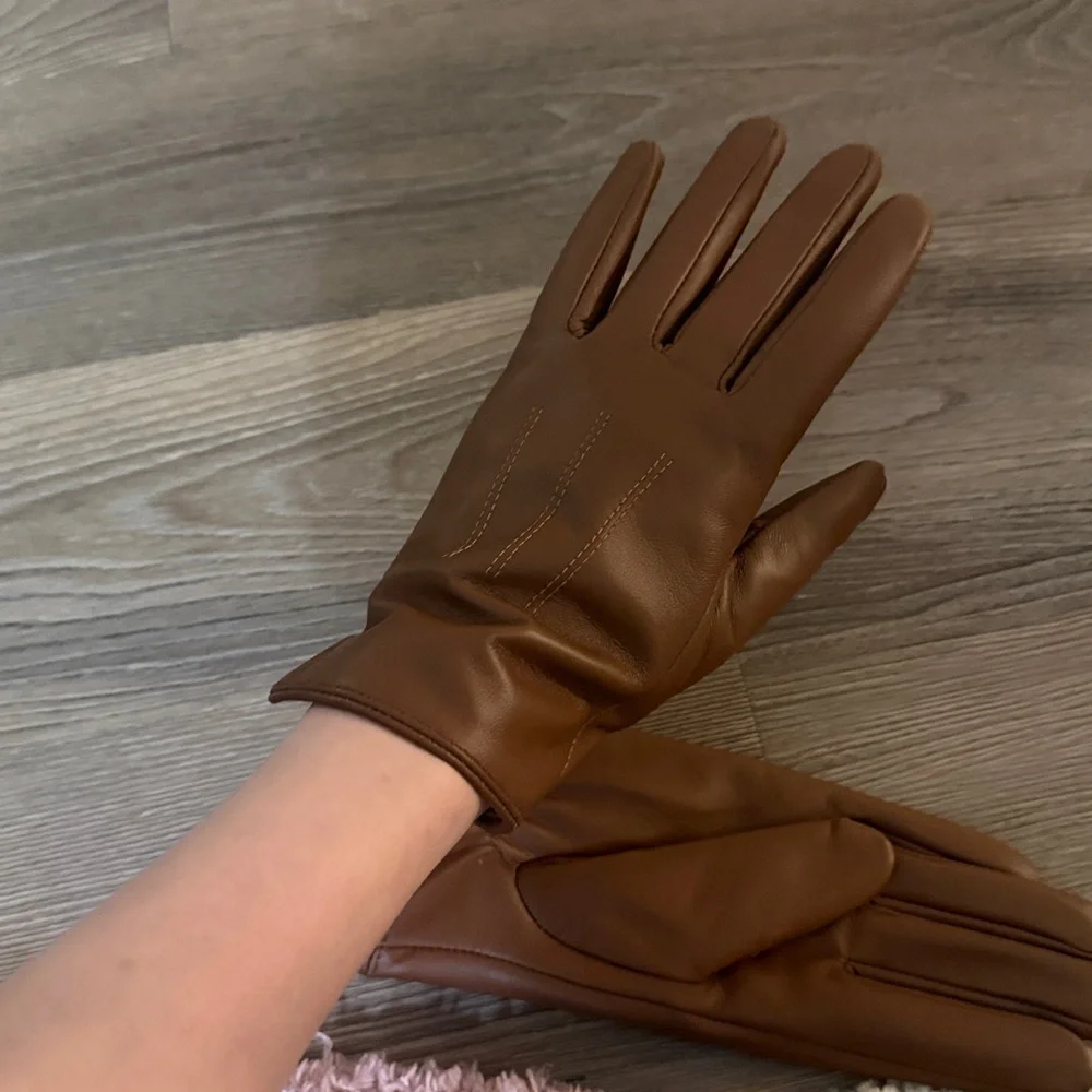 New brown fleece lined thick sheepskin leather gloves